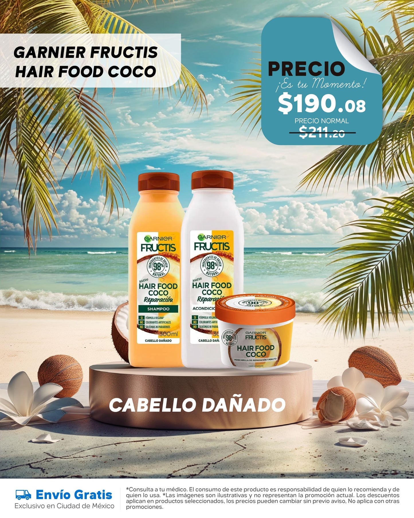 Rutina completa para cabello dañado Fructis Garnier Hair Food Coco