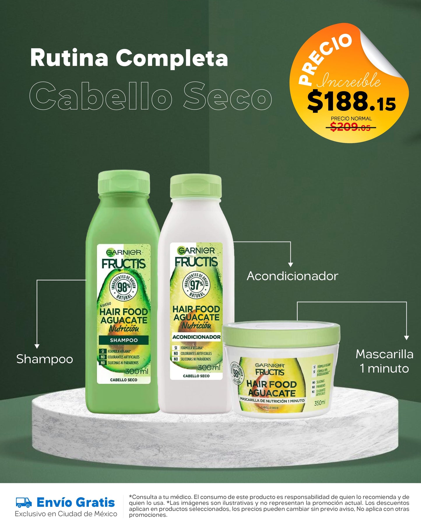 Rutina completa para cabello seco Fructis Garnier Hair Food Aguacate